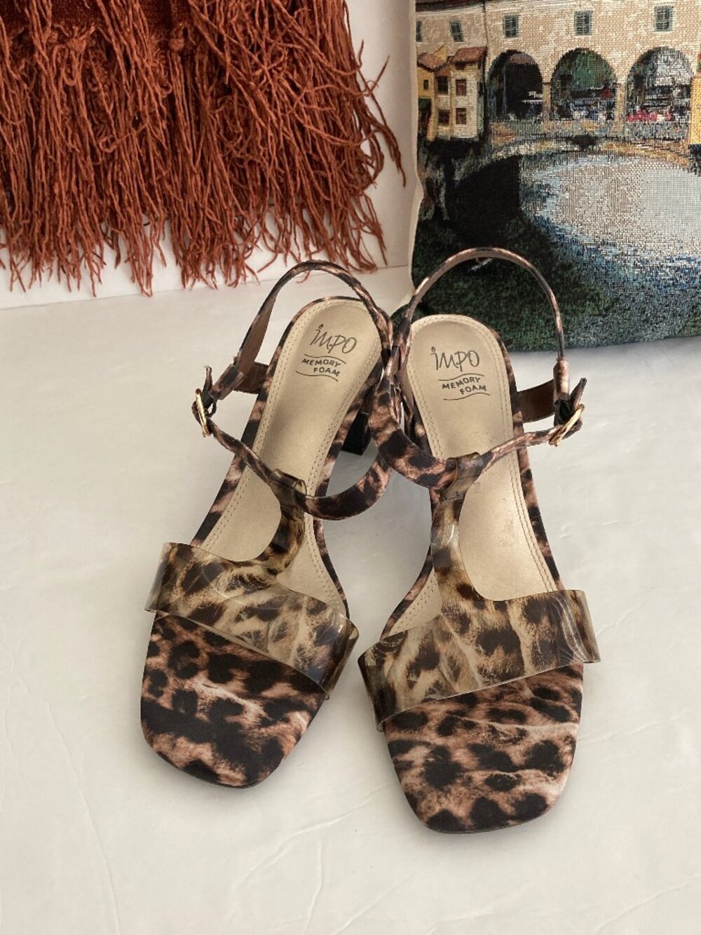 IMPO Memory Foam Block Heel Leopard Sandal 9.5 M